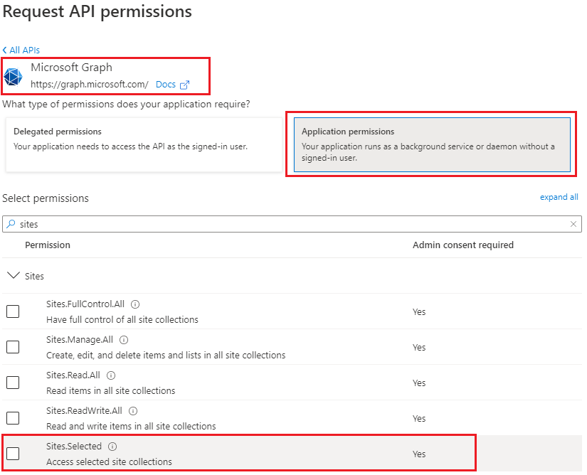 Microsoft Graph Sites.Selected API