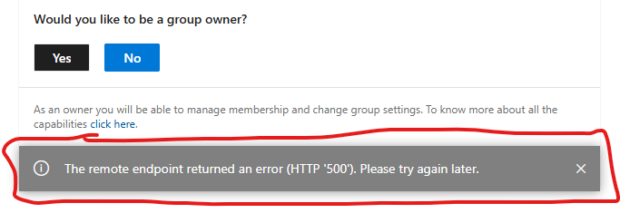 The remote endpoint returned an error (HTTP '500'). Please try again later.