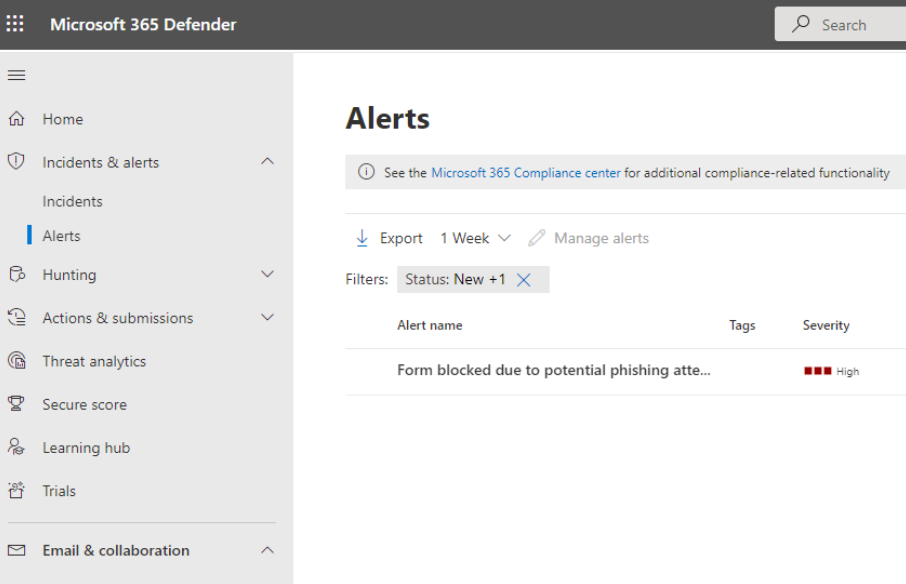 Microsoft Defender Alert Phishing Form
Microsoft Security Administration (Defender) Alerts