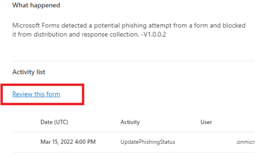 Microsoft Defender Alert Phishing Review this Form