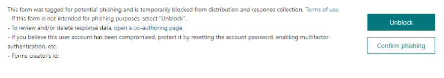 m365 global/security admin can review the form and unblock it or confirm it is phishing