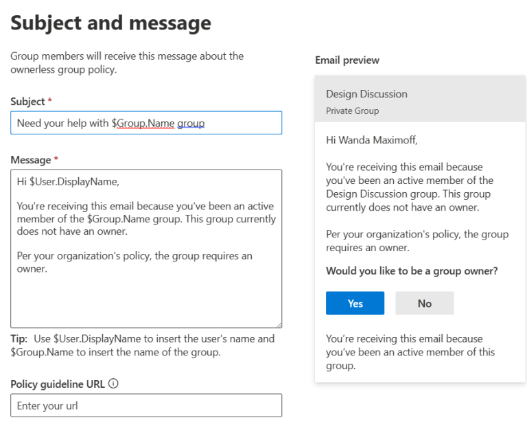 Group Email Message Microsoft 365 ownerless groups policy email message body format and ...