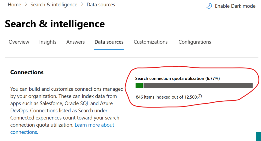 Microsoft Search and Intelligence - Data Sources. 
You can build and customize connections managed by your organization. These can index data from apps such as Salesforce, Oracle SQL and Azure DevOps. Connections listed as Search under Connected experiences count toward your search connection quota utilization.