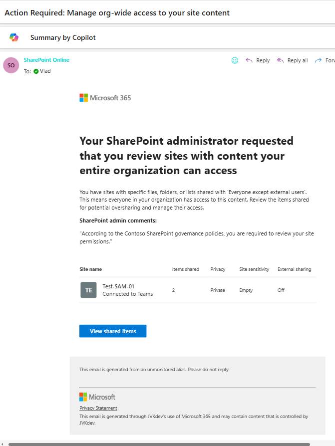 Content Shared with Everyone: Access Review - notification email example