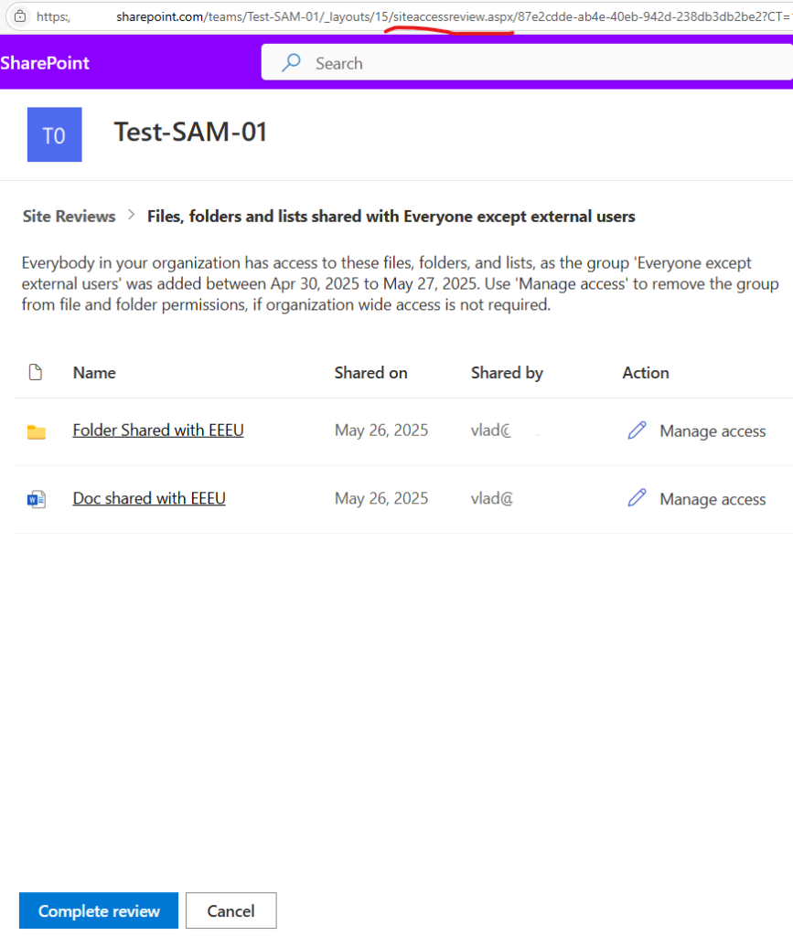 Content Shared with Everyone: Access Review - user experience - siteaccessreview.aspx page example 