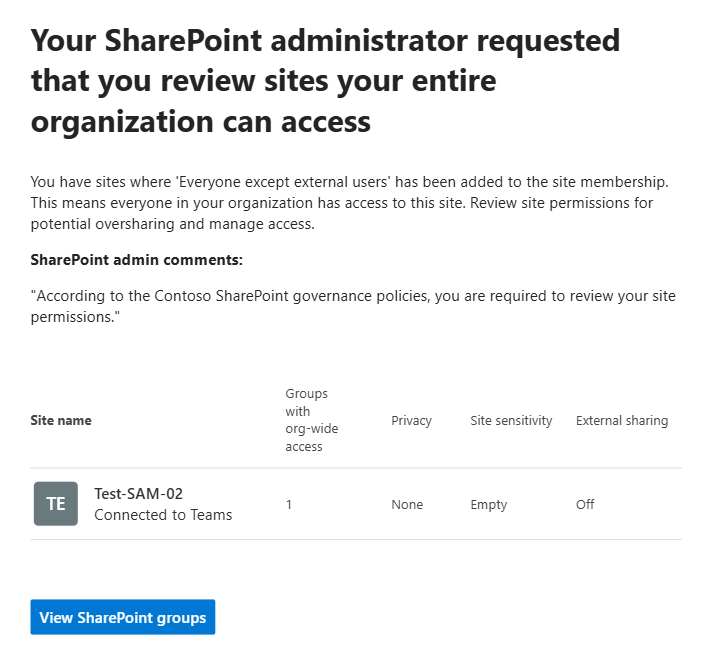 content shared with EEEU access review  - Site membership user experience - You have sites where  'Everyone except external users' has been added to the site membership. This means everyone in your organization has access to this site. Review site permissions for potential oversharing and manage access.