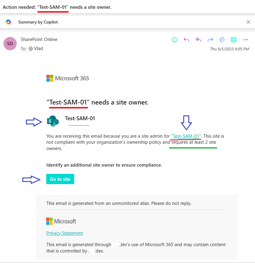 SharePoint Site Ownership Policies Notification email example (in case site has one owner and need another one)