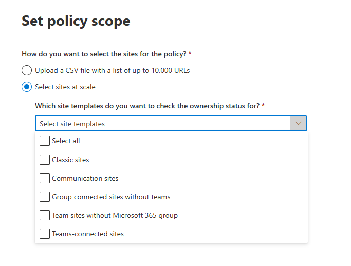 set policy scope (SharePoint site ownership policy)