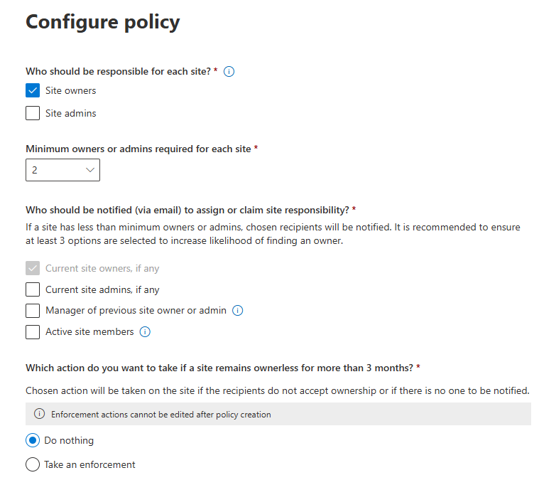 SharePoint Advanced Management -  Site Lifecycle management - site ownership policy - Configuration