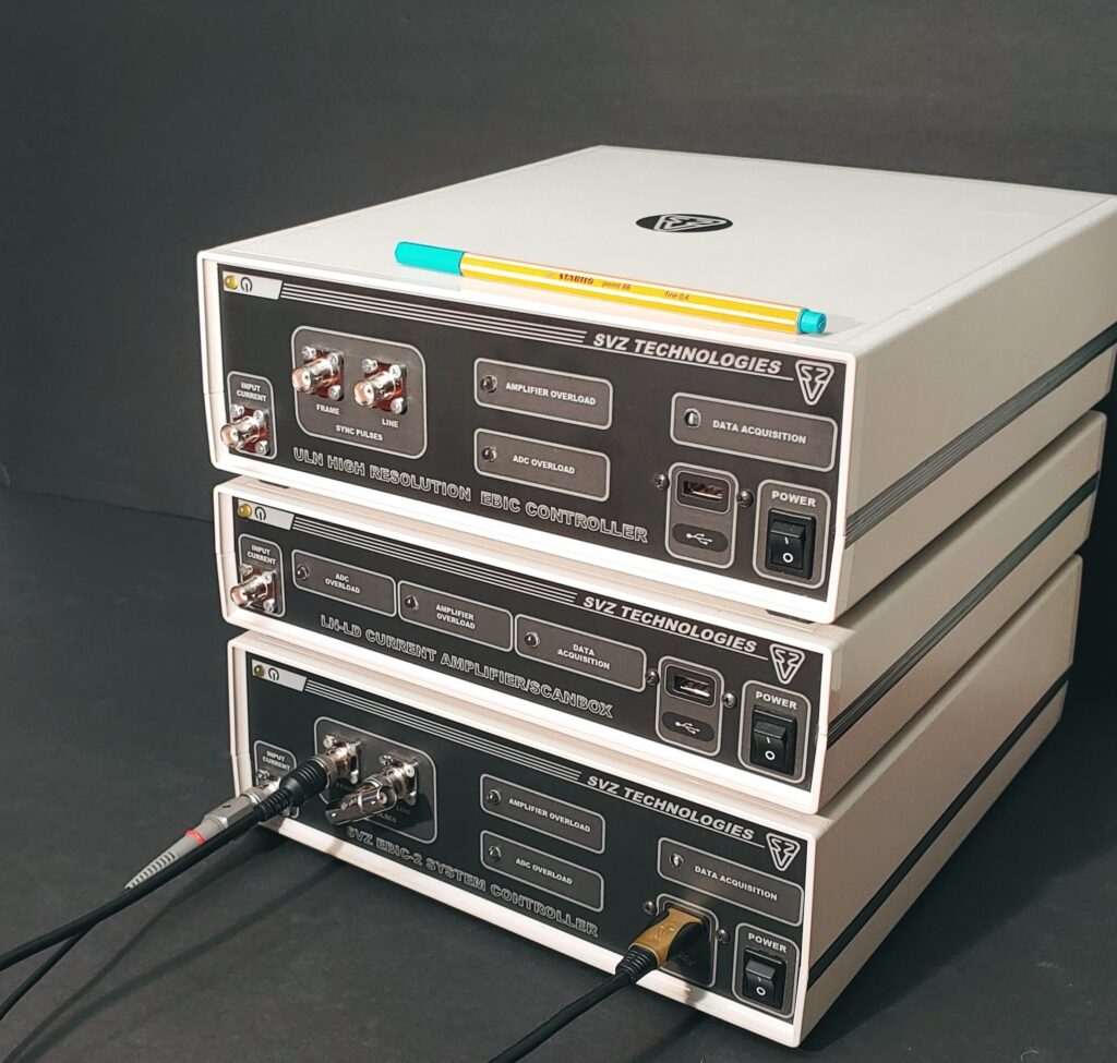 Charge Collection Electron Microscopy Devices:
a) Ultra Low Noice High-Resolution EBIC Controller
b) Low Noise Low Drift Amplifier/Scanbox
c) SVZ EBIC-2 System Controller