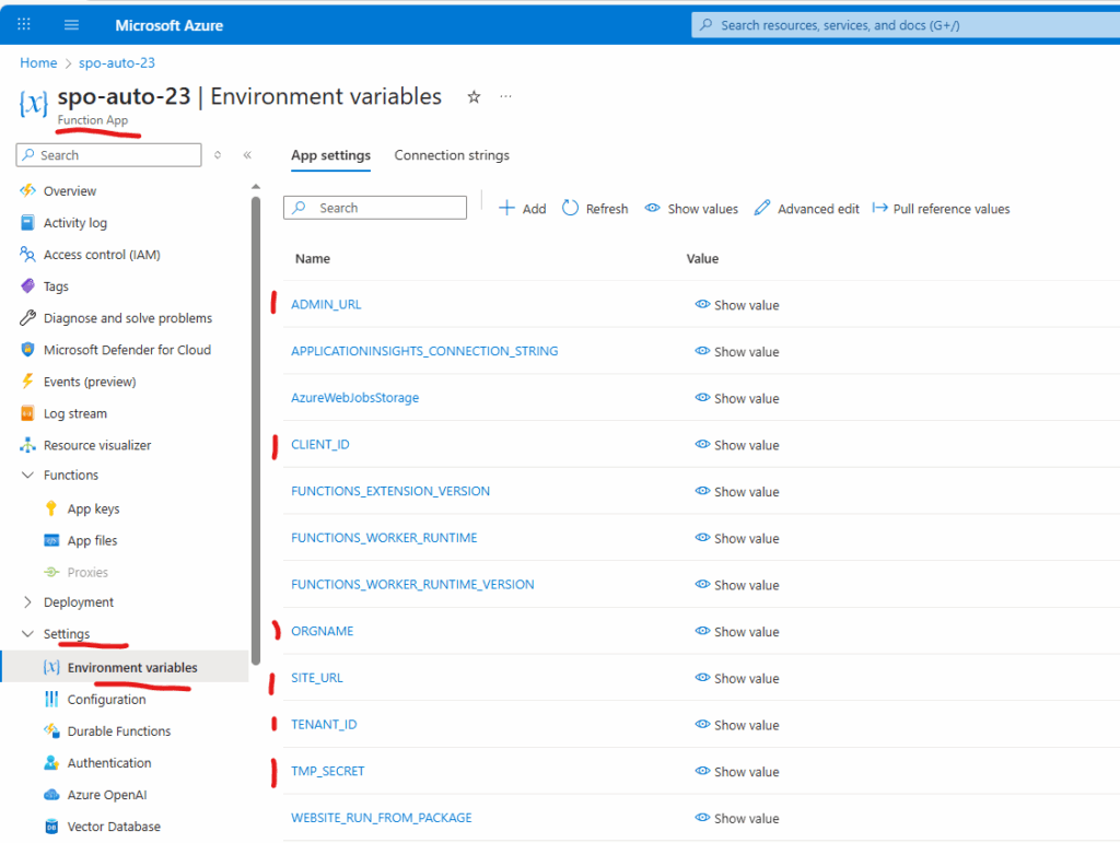 environment variables under Azure Function App